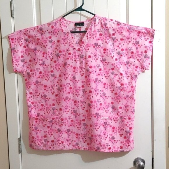 Cherokee nurse scrubs shirt plus size XL pink rose hearts flowers short … - Picture 1 of 7